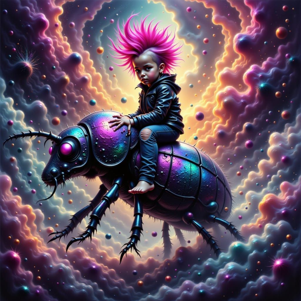 Punk Child Rides Iridescent Beetle Through Cosmic Nebula