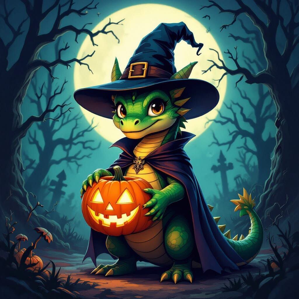 Friendly Green Dragon in Witch Hat, Halloween Scene