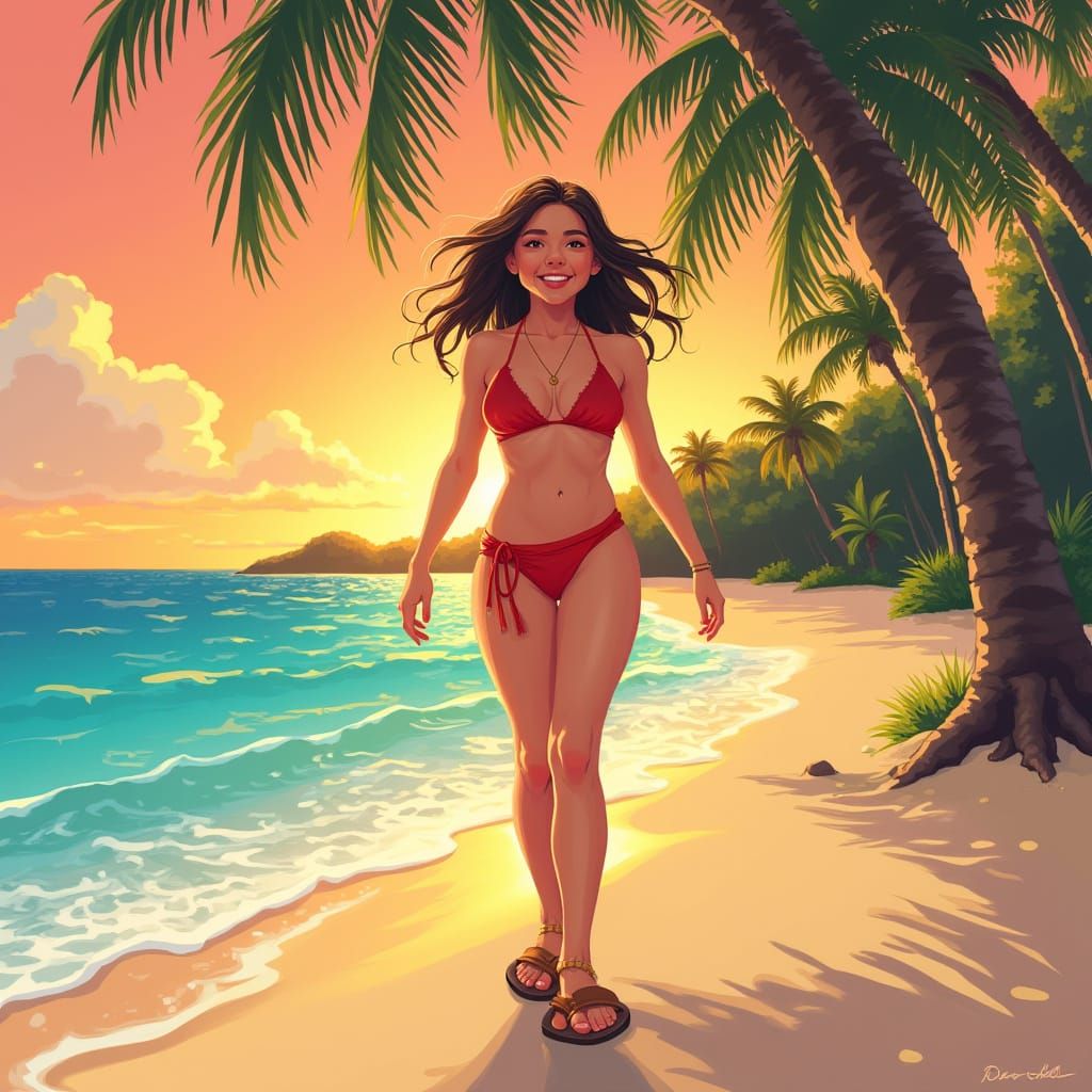 Girl on Tropical Beach at Sunset in Vibrant Style