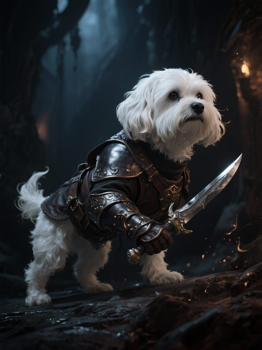 Maltese Shih Tzu Thief in Leather Armor with Dagger