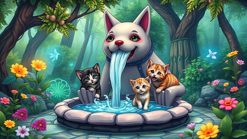 Whimsical Kitten Fountain in Magical Forest: Comic Book Art