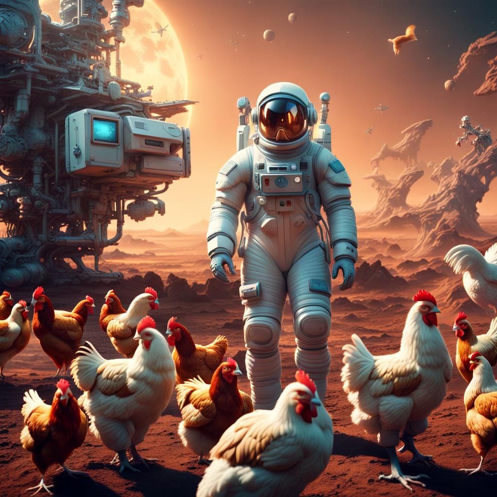 Astronaut and Robot Chickens on Alien Planet