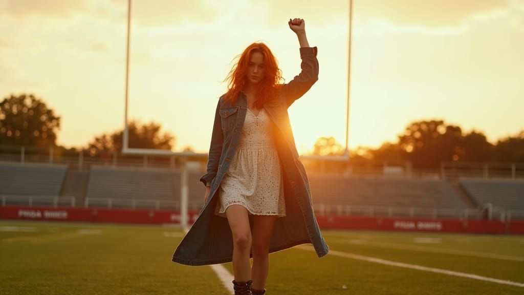Confident Woman on Football Field at Sunset