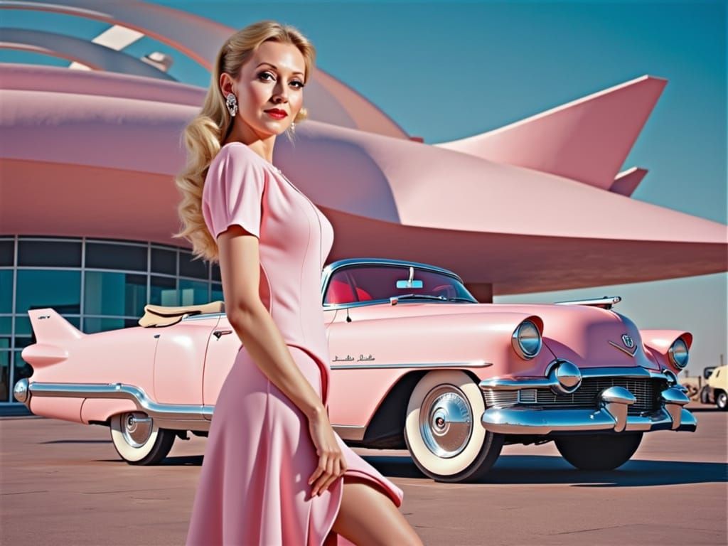 Glamorous Pin-Up Girl with Pink Cadillac in Retro Style