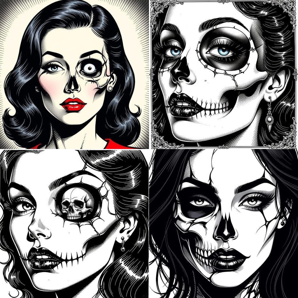 Marvel Comic Skull Eyeball Woman Black and White Drawing