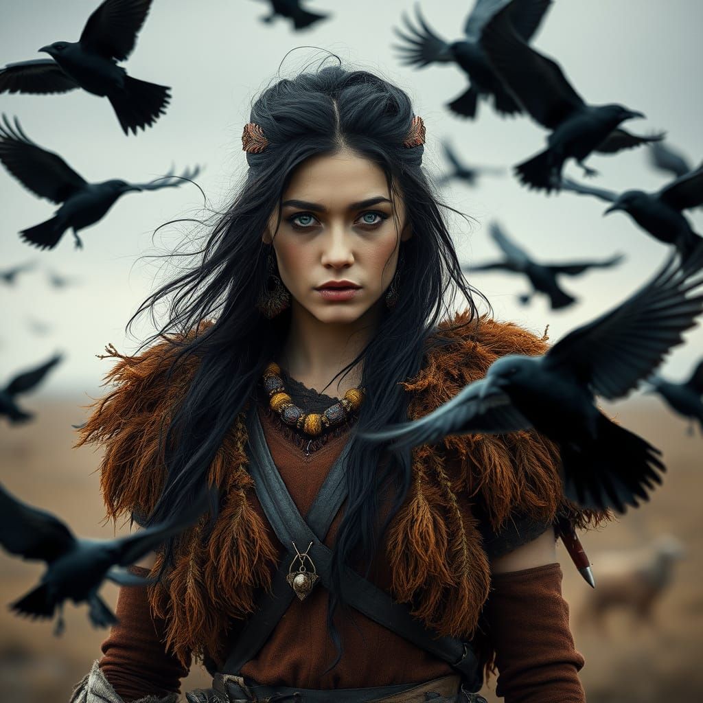 Nordic Warrior Woman in Earthy Tones, Surrounded by Black Cr...