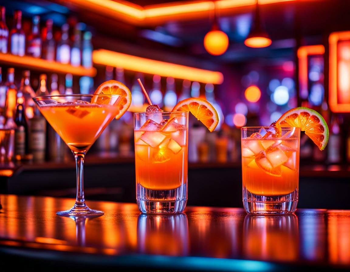 Orange Cocktails in Neon-Lit Orange Nightclub