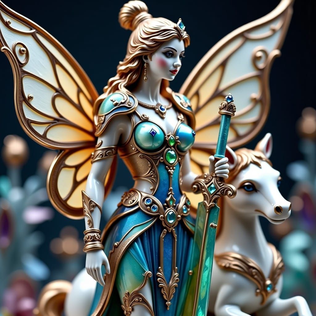 Warrior Fairy Figurine with Pegasus in Watercolor