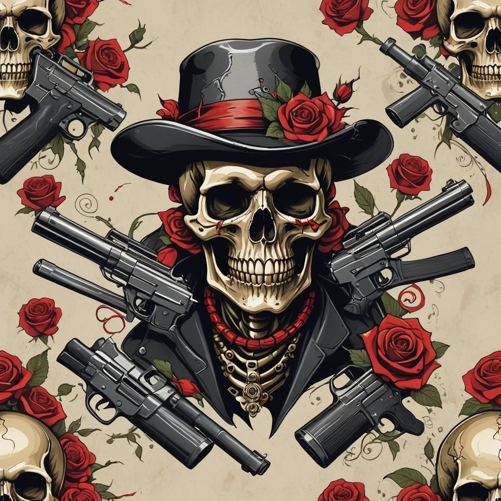 Skull with Hat, Guns and Rose