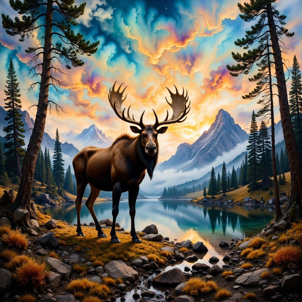 Majestic Moose in Rich Colors, Dynamic Forest Scene
