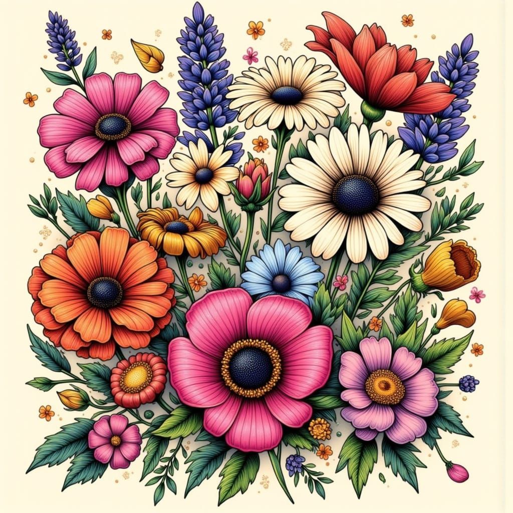 Neo-Traditional Wildflowers in Art Nouveau Style