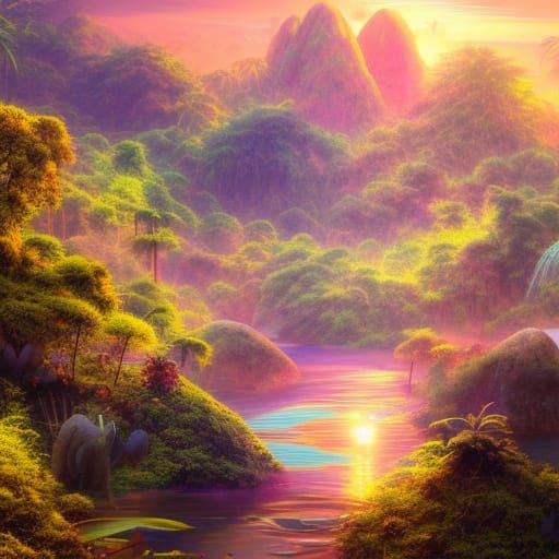 Solarpunk Congolese Jungle Sunset: Detailed Matte Painting
