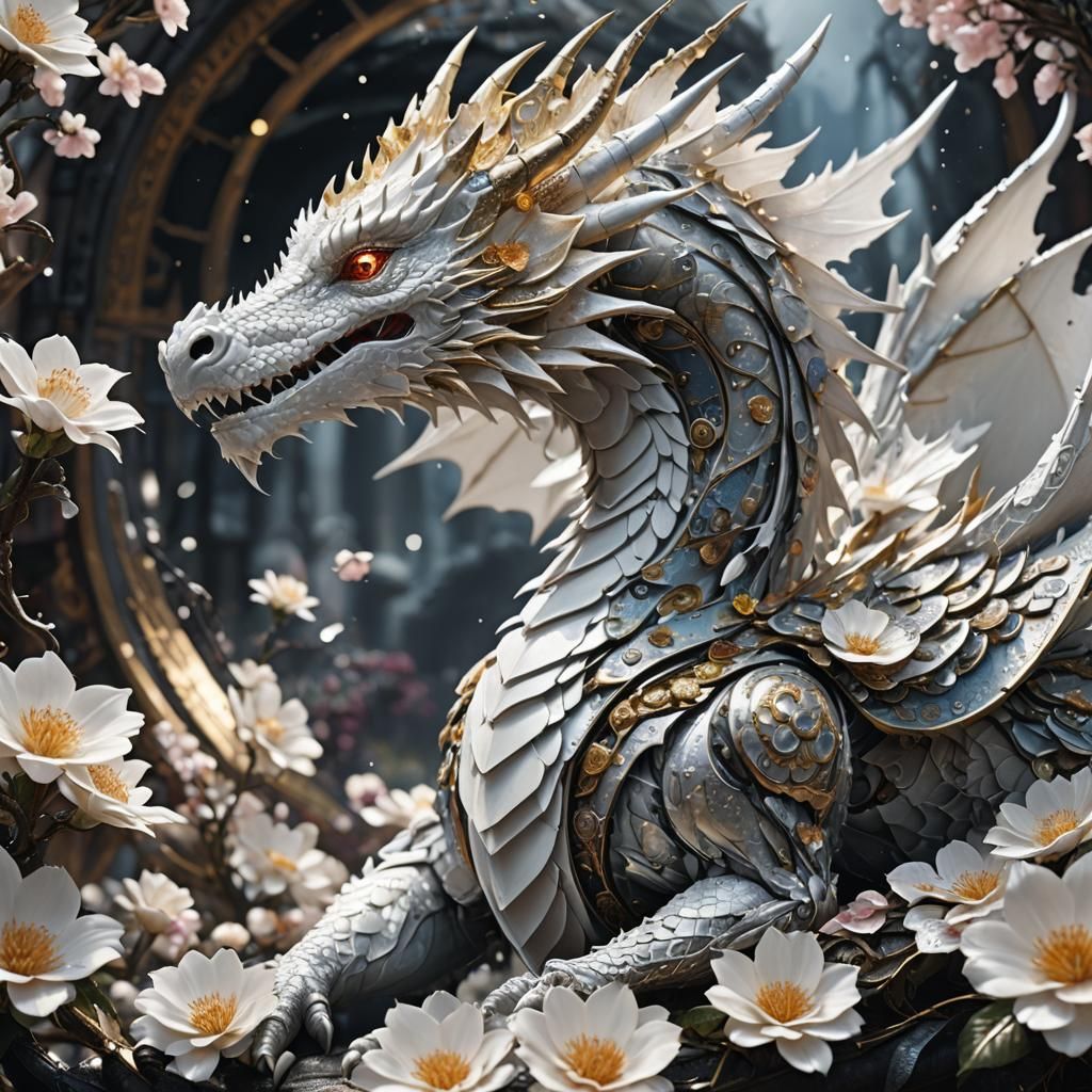 Mechanical White Dragon with Petal Scales