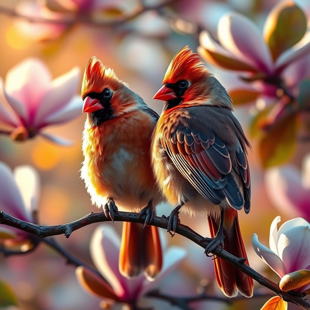 Two Cardinals on Magnolia Branch Hyperrealistic Splash Art