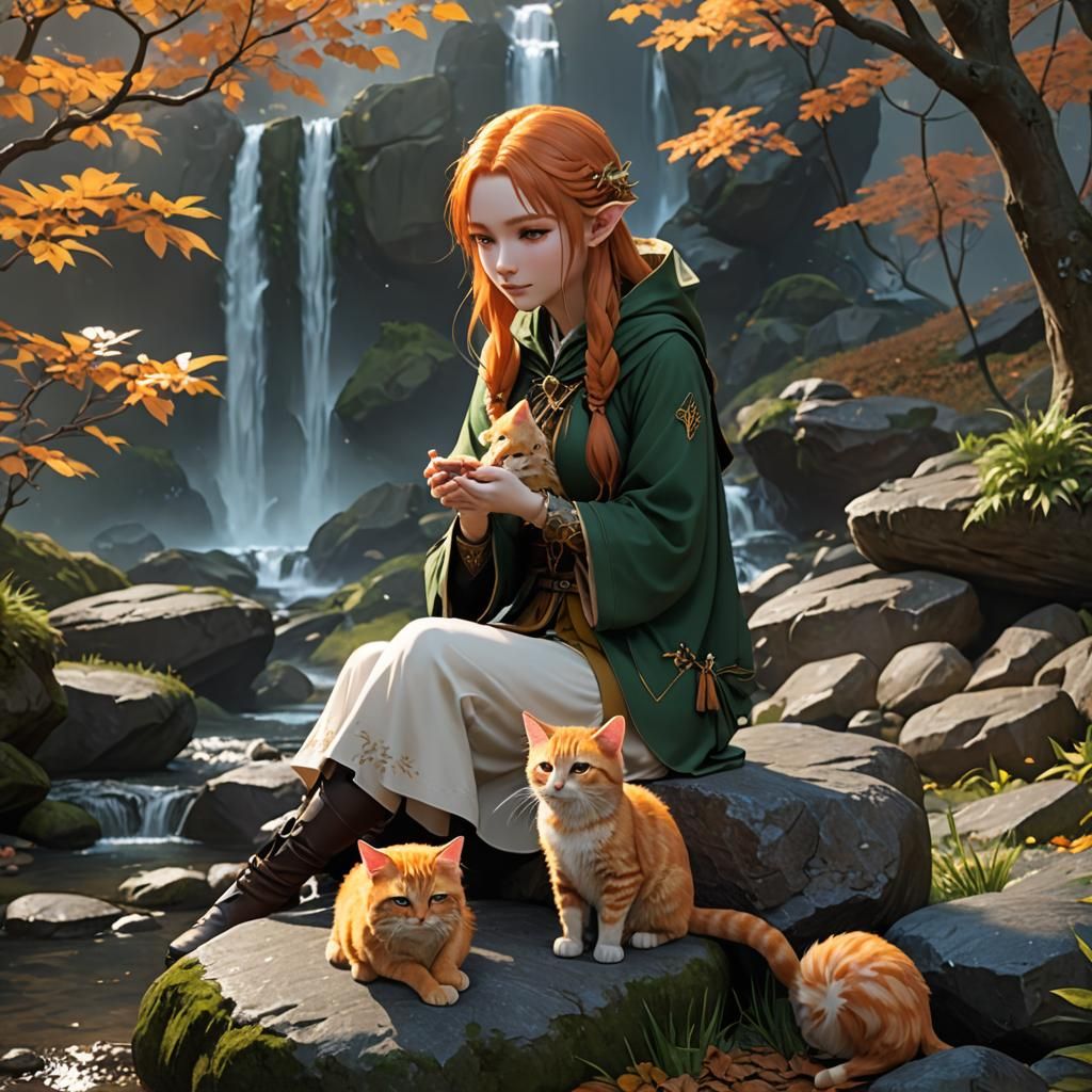 Elvish Girl and Ginger Cat Waterfall Scene