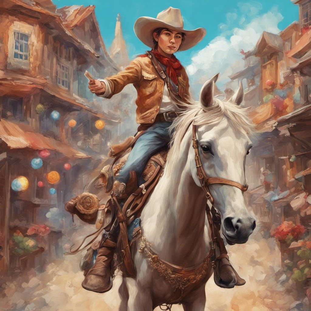 Cowboy riding through a western town