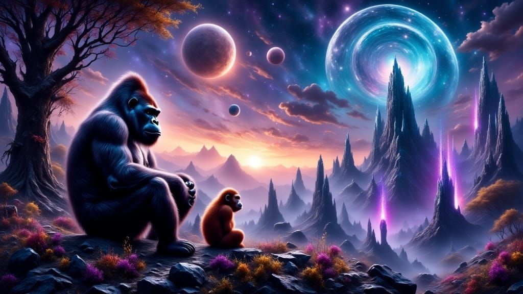 Gorilla and Orangutan Gaze at Nebula in Oil Painting Style