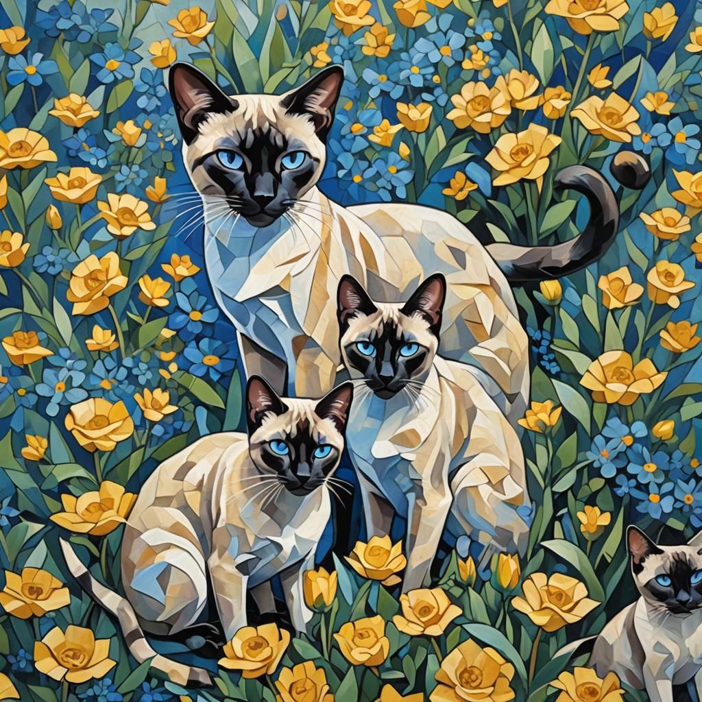 Cubist Siamese Cats in Geometric Floral Fauvism