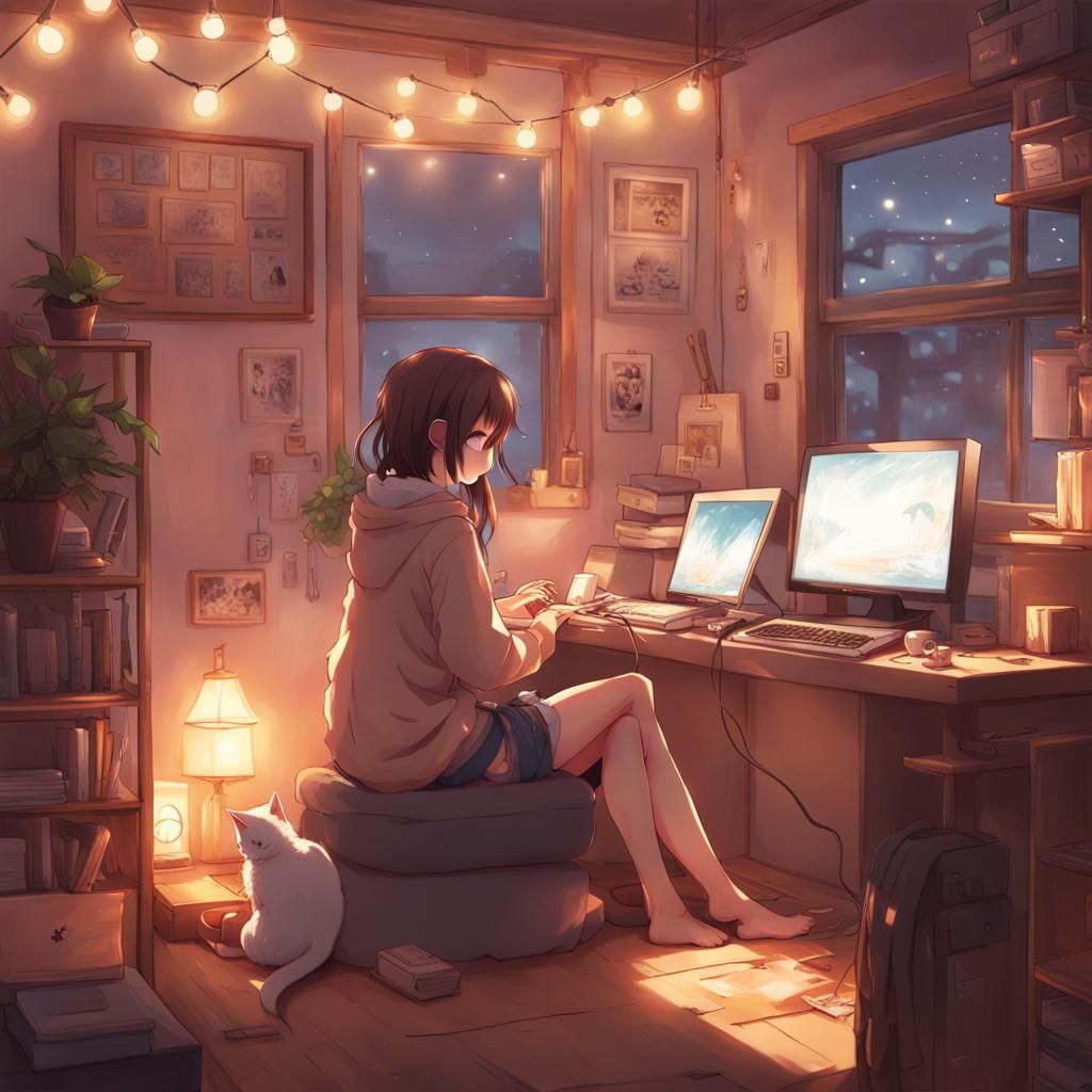Cozy Anime Gaming Room with Girl and Cat