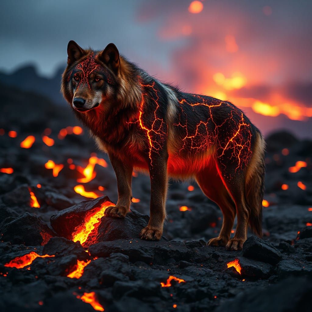 Magmatic Wolf on Volcanic Landscape in Cinematic Style