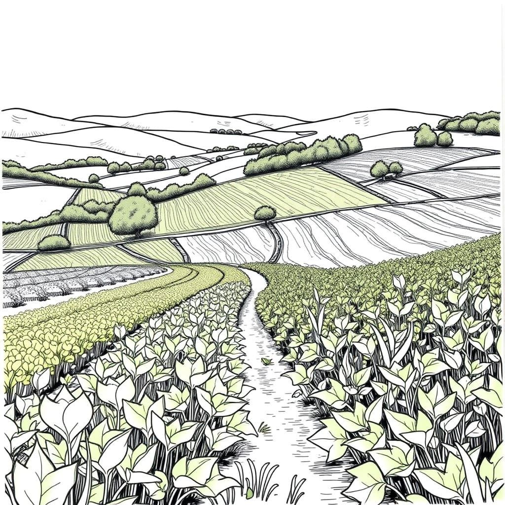 Detailed Sketch of Lush Farmland and Crops