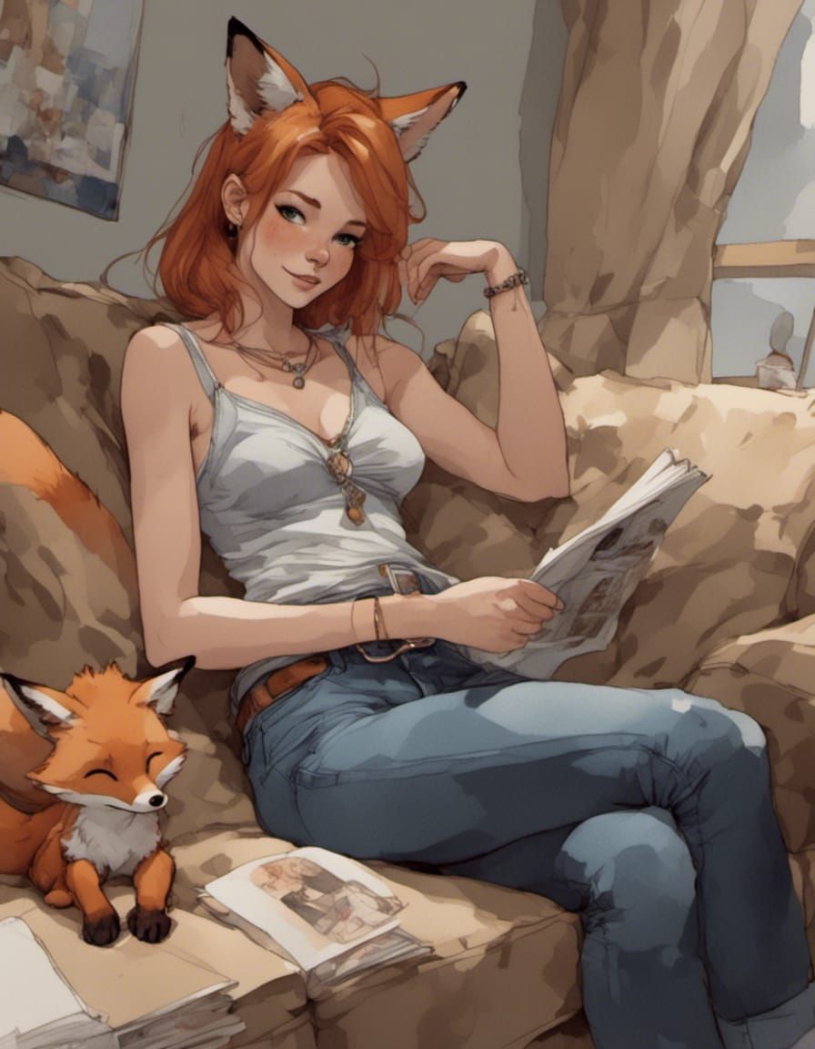 Fox-girl VIXEN sitting on the couch looking at a magazine.