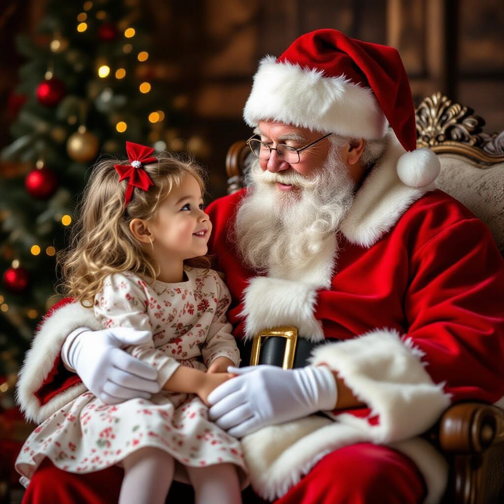 Santa Claus Talks With A Little Girl On His Lap