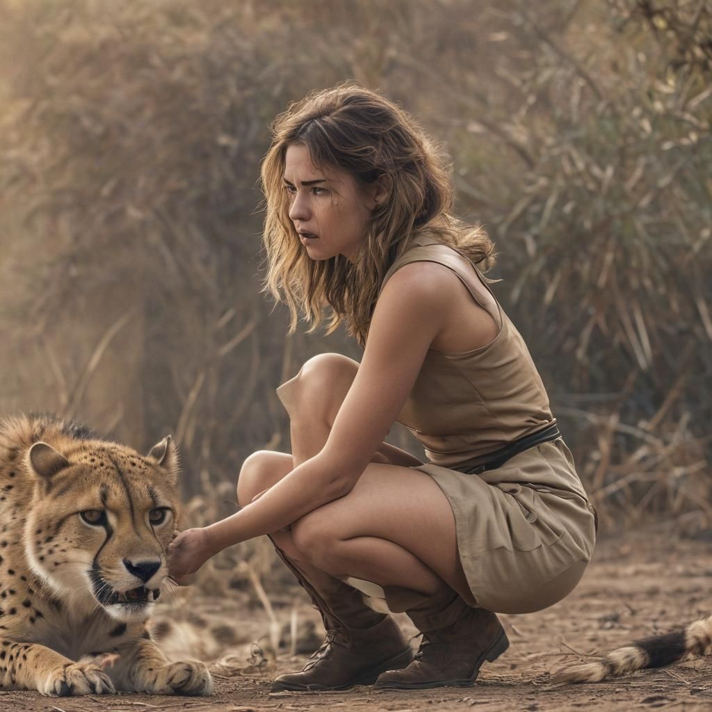 Woman Taming a Cheetah on Safari