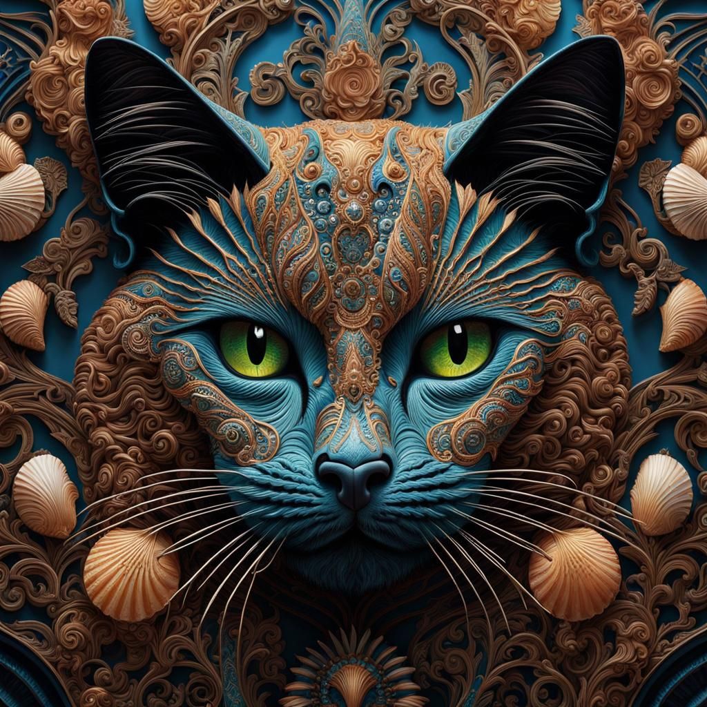 Shell-Crafted Zoomorphic Cat: Intricate Matte Painting