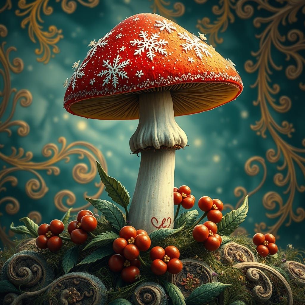 Whimsical Christmas Mushroom in Art Nouveau Style
