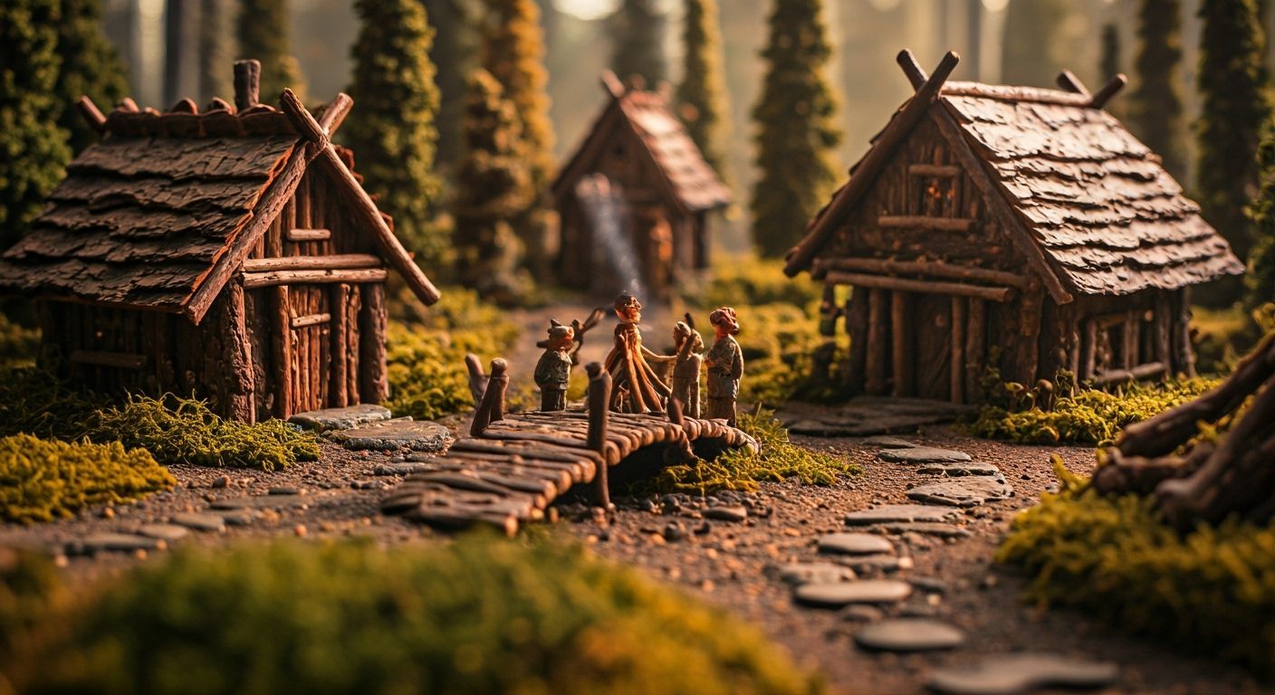 Miniature Twig Village in Golden Light