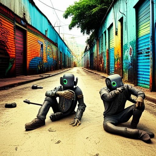 Humanoid Robot Gang Party in Neon Favela