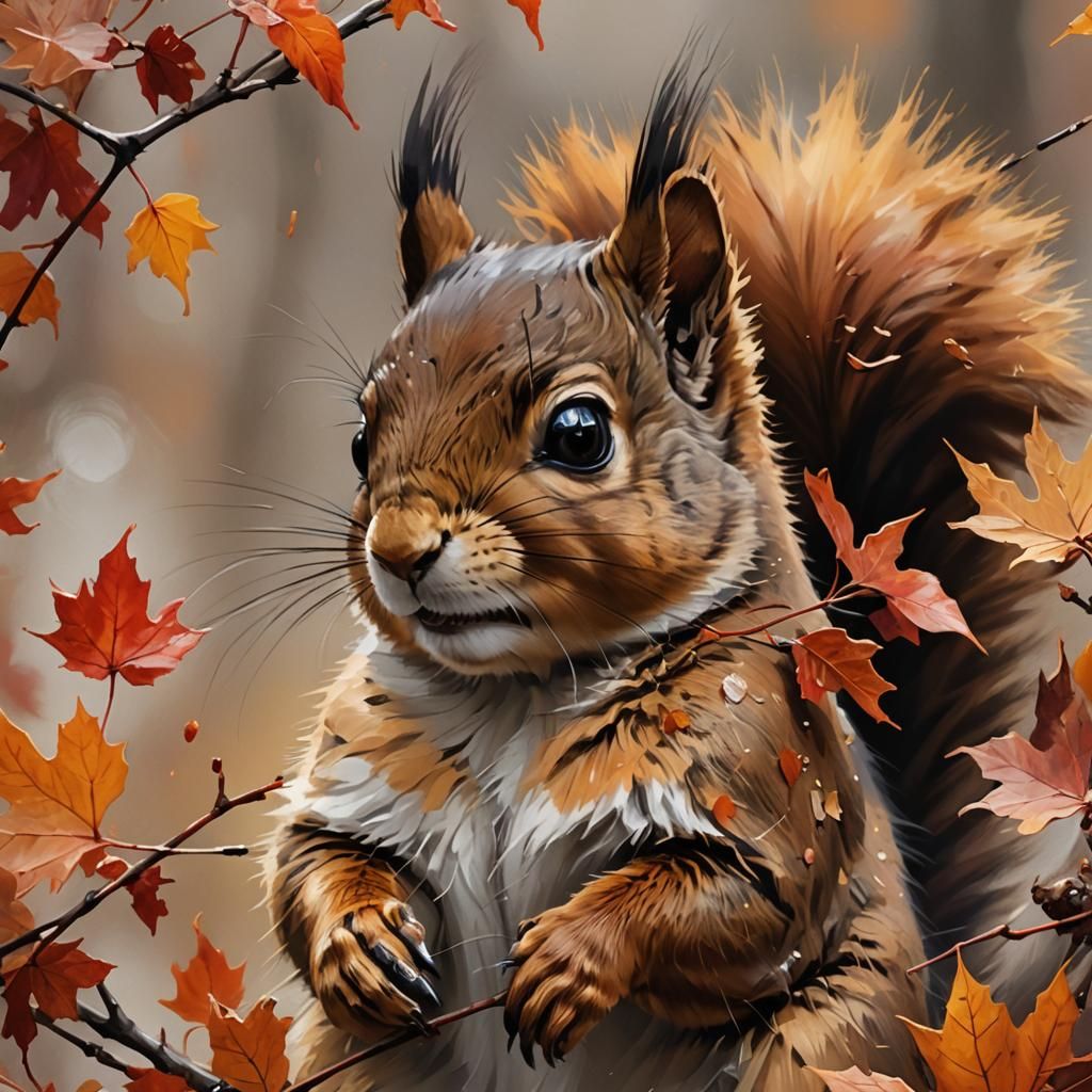Adorable Baby Squirrel in Autumn, Digital Oil Painting