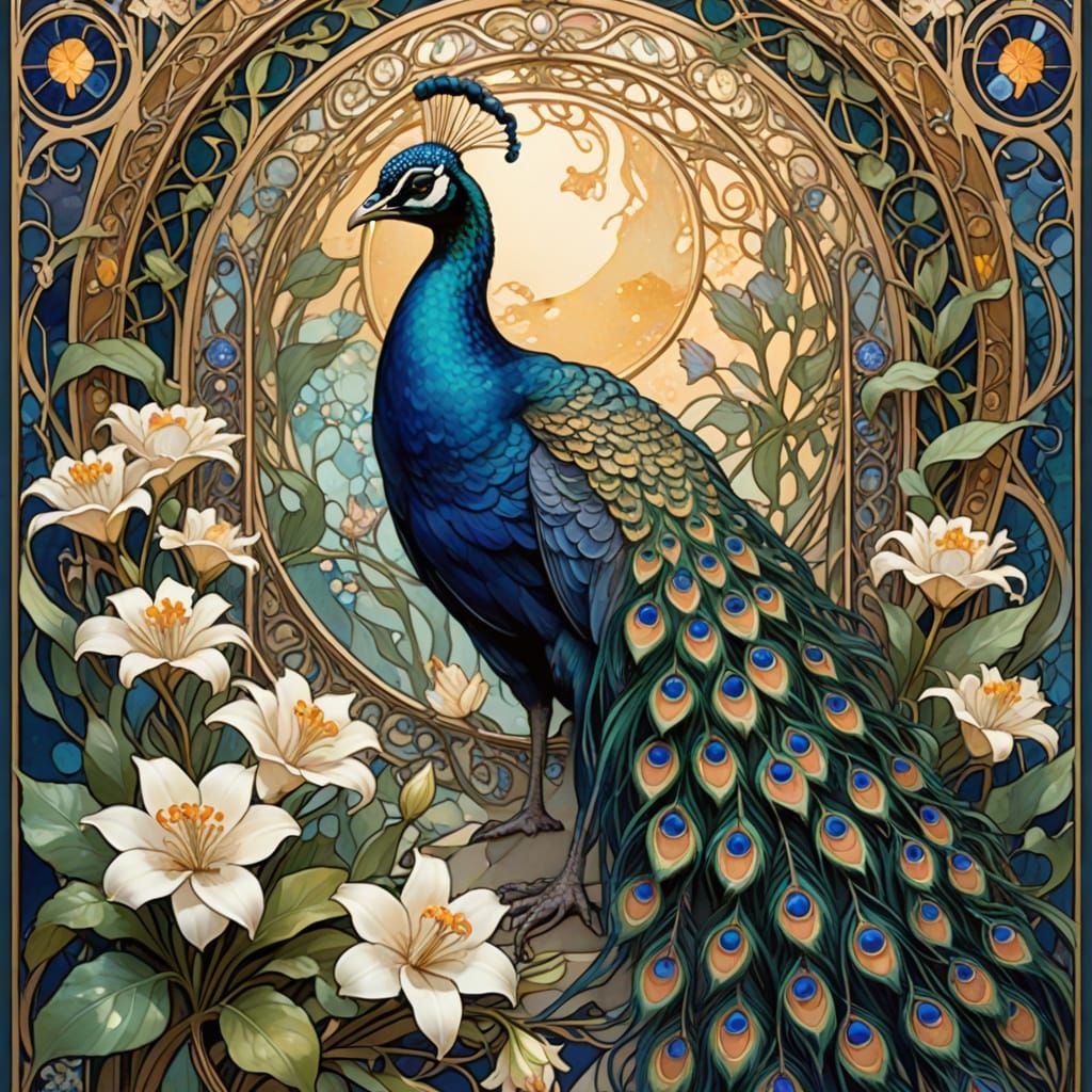 Art Nouveau Peacock Through Shimmering Portal