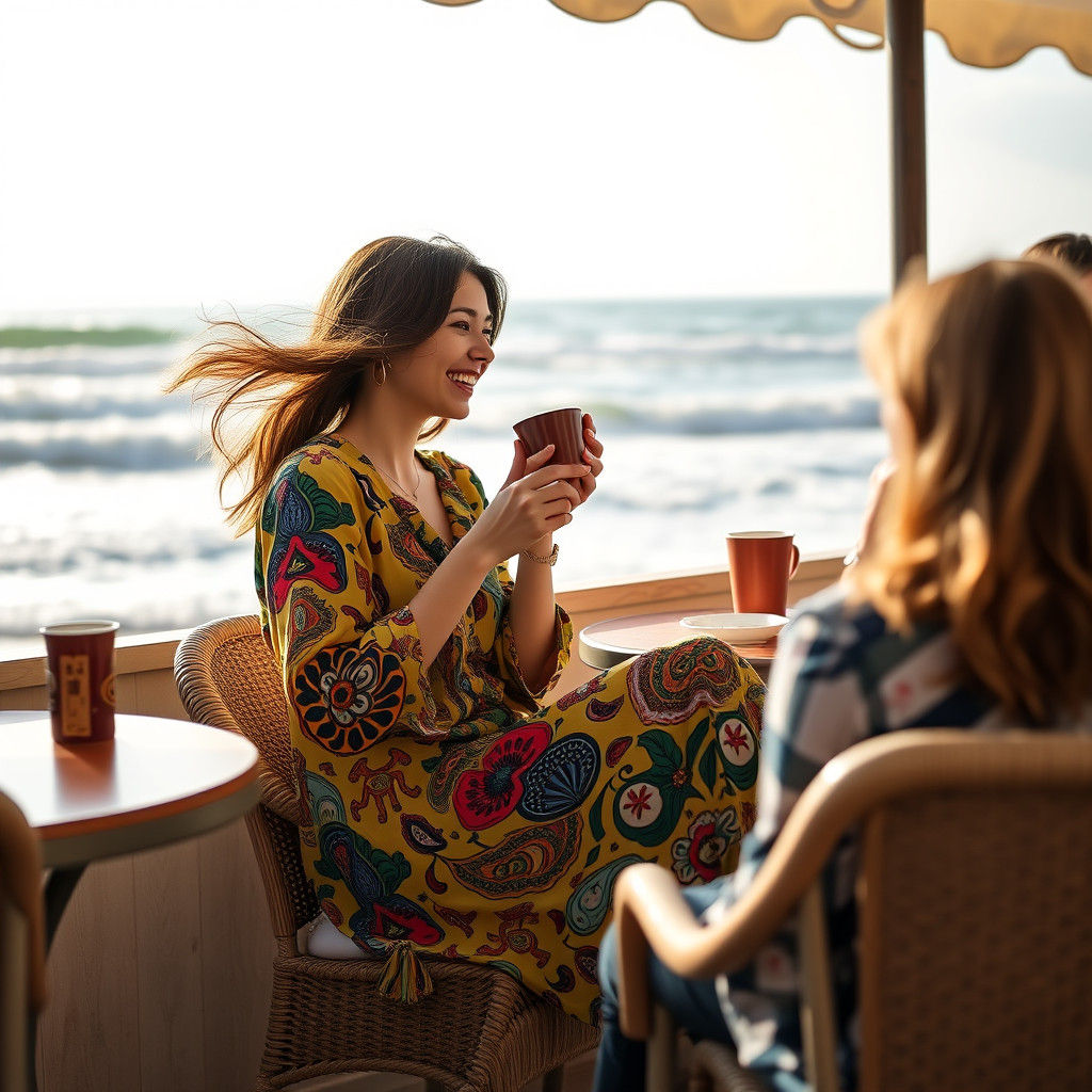 Joyful Woman at Seaside Cafe in Modern Style