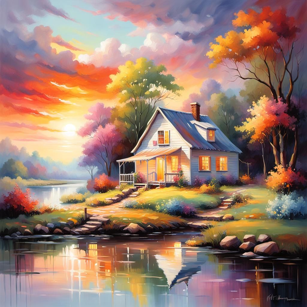 Dreamlike Landscape Painting with Flowing River