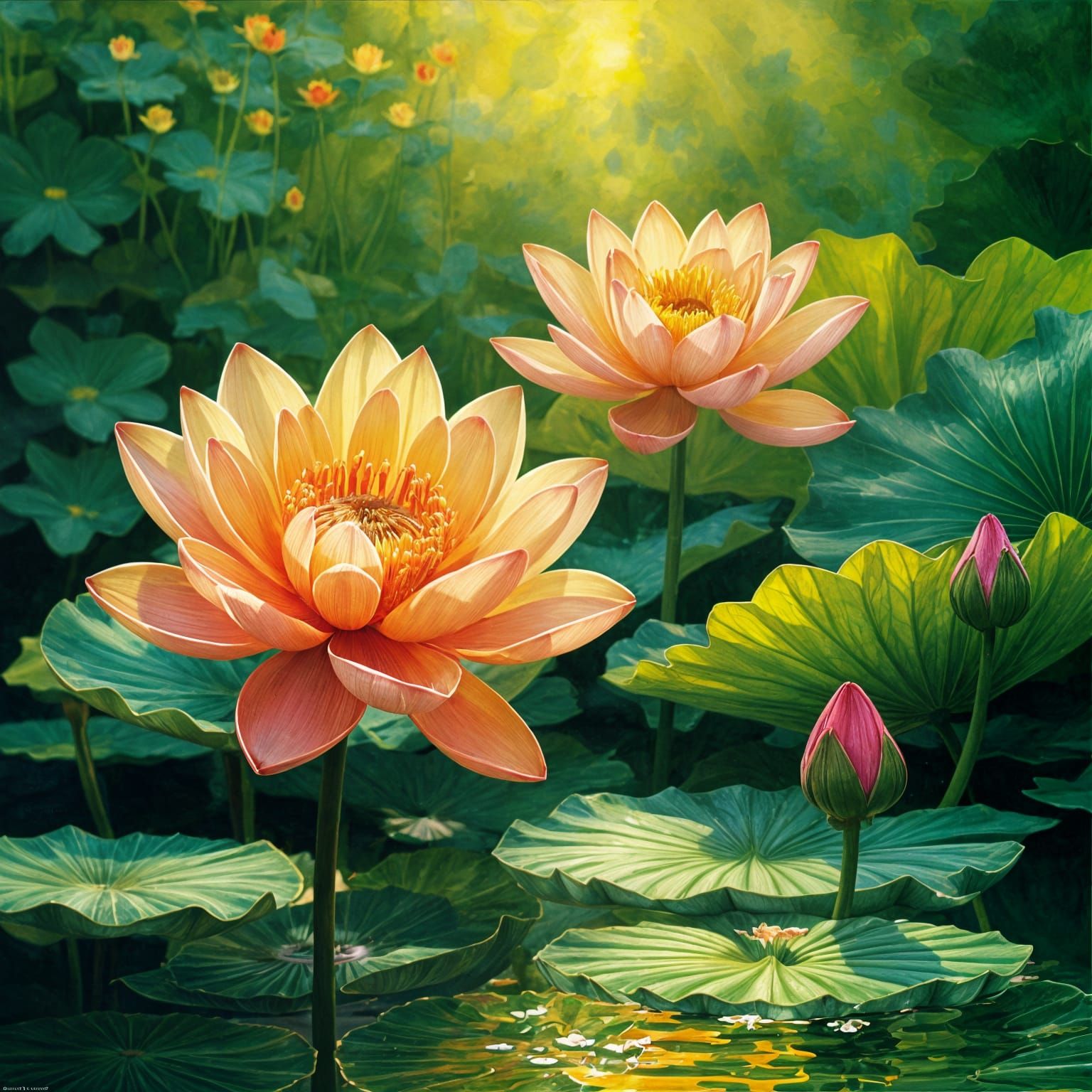 Green Orange Lotus Flower in Impressionist Style