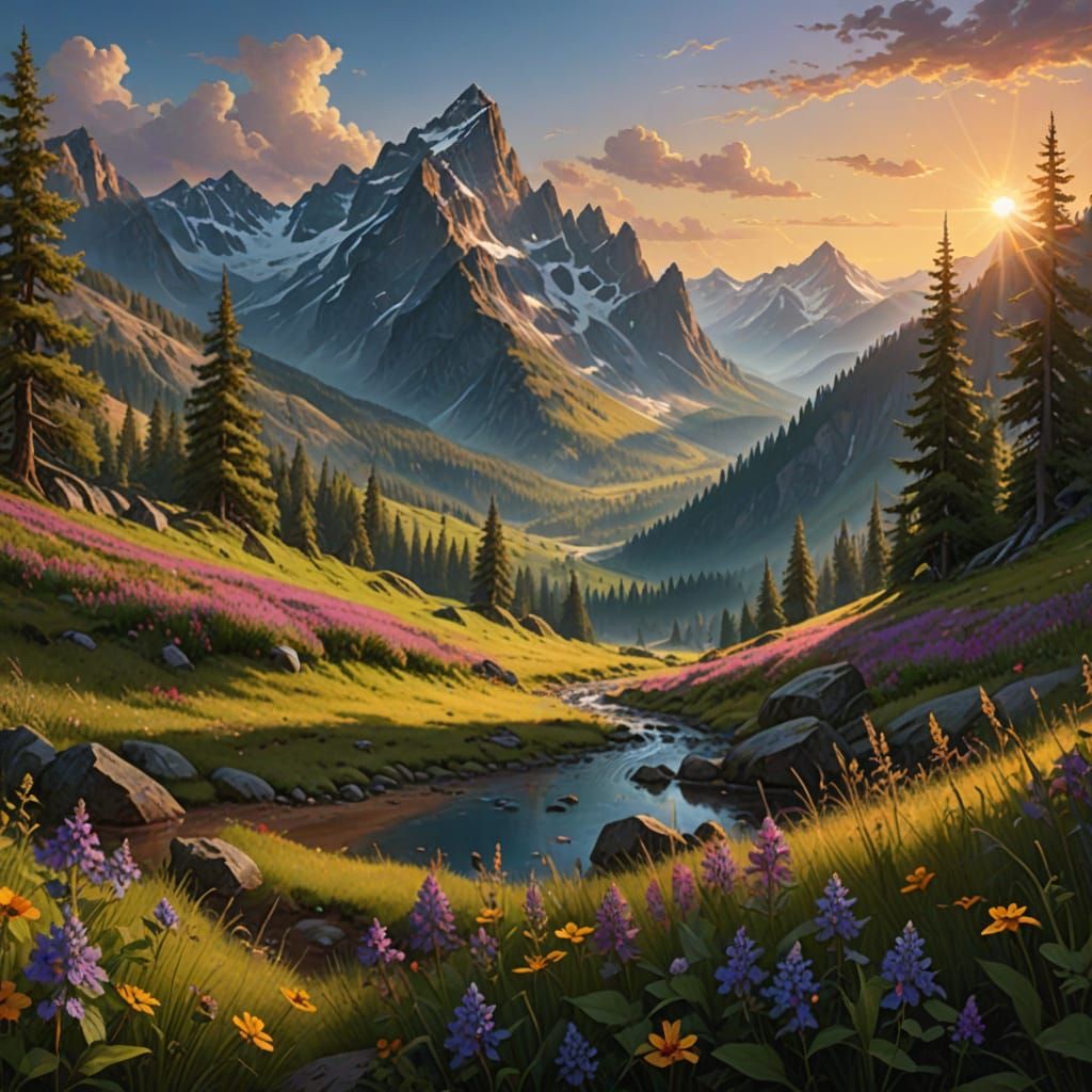 Vibrant Landscape of Majestic Mountains and Lush Greenery in...