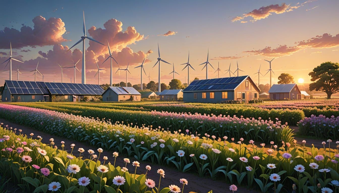 Pastoral Solarpunk Farm with Flower Wind Turbines