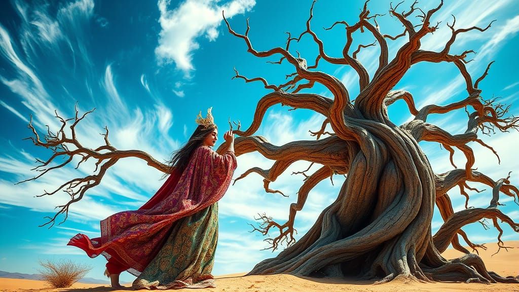 Lady Amidst Ancient Tree in Majestic Desert Landscape