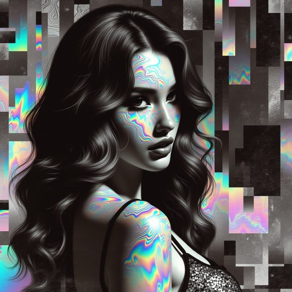 Beautiful Brunette in Glittery Dress, Glitch Art Style