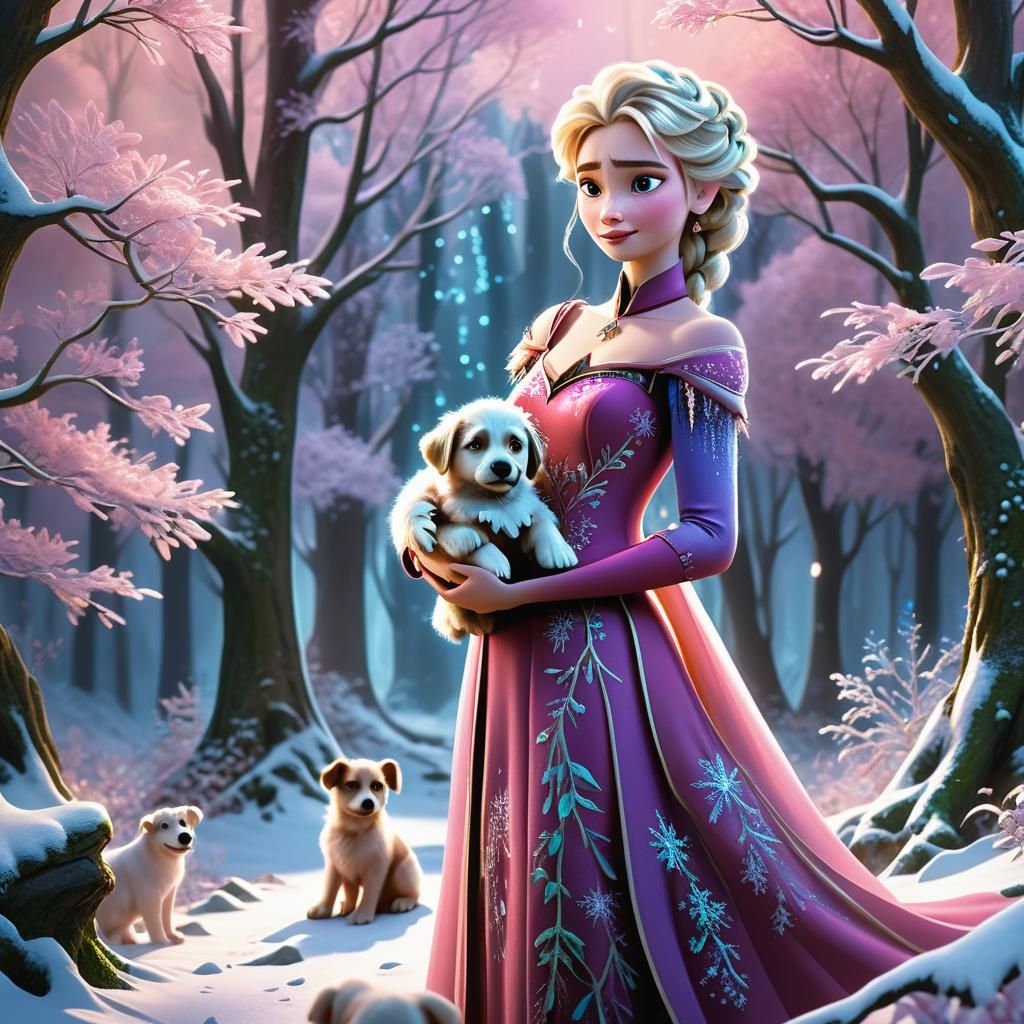 Elsa in Snowy Forest with Puppy, Matte Painting