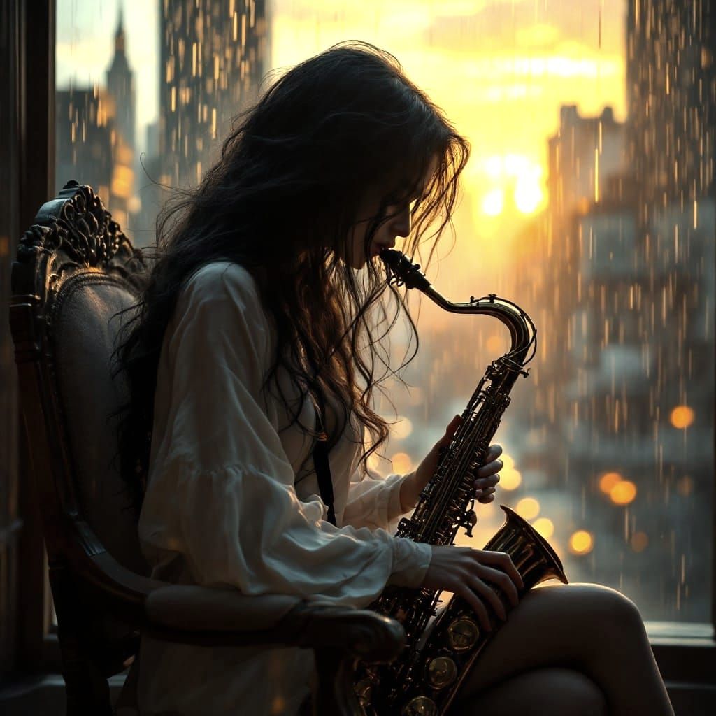 Enigmatic Woman Seated on Chair Playing Saxophone in Moody U...