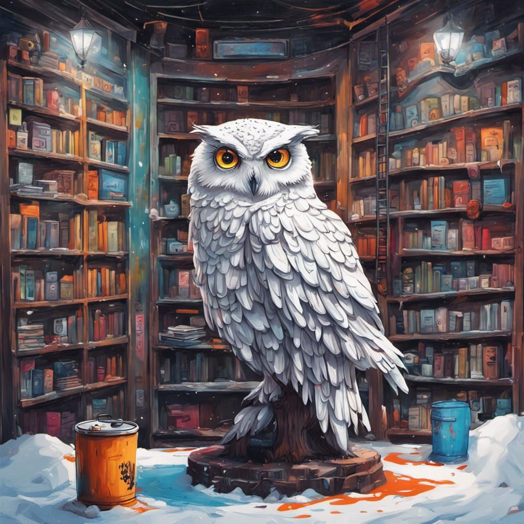 Cyberpunk Snow Owl in Bookstore Graffiti Art