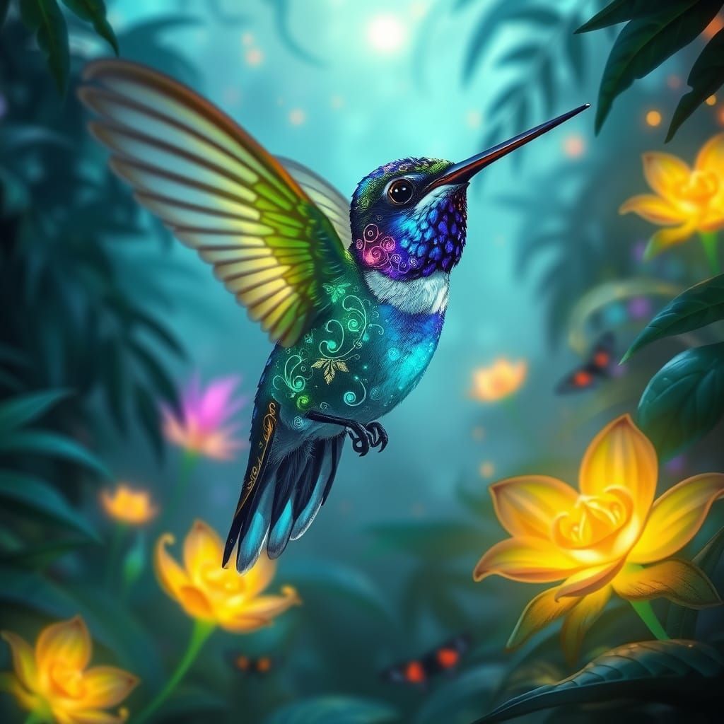 Bioluminescent Hummingbird in Glowing Jungle