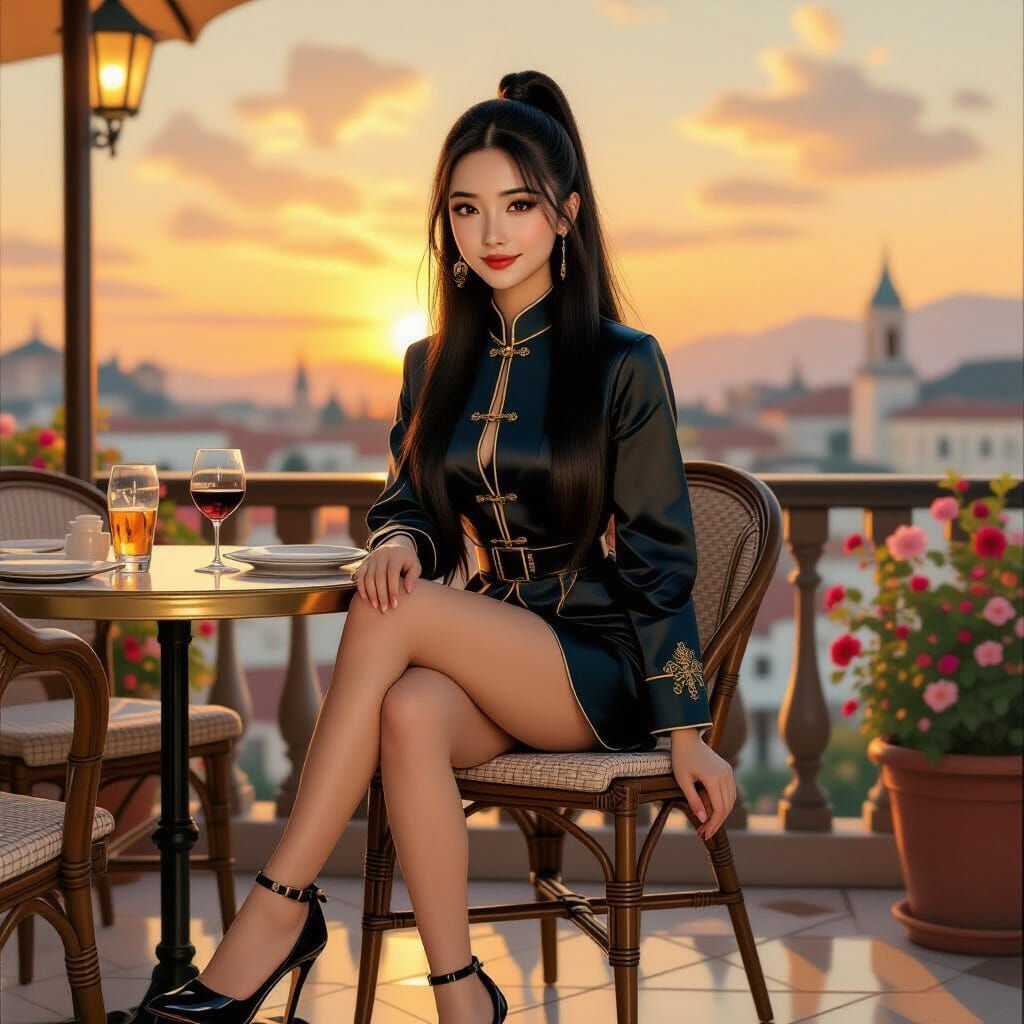 Vietnamese Girl on Terrace in Surrealist Oil Painting Style
