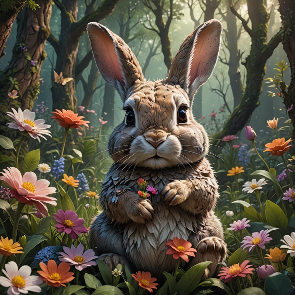 Rabbit and Baby in Forest: Detailed Matte Painting