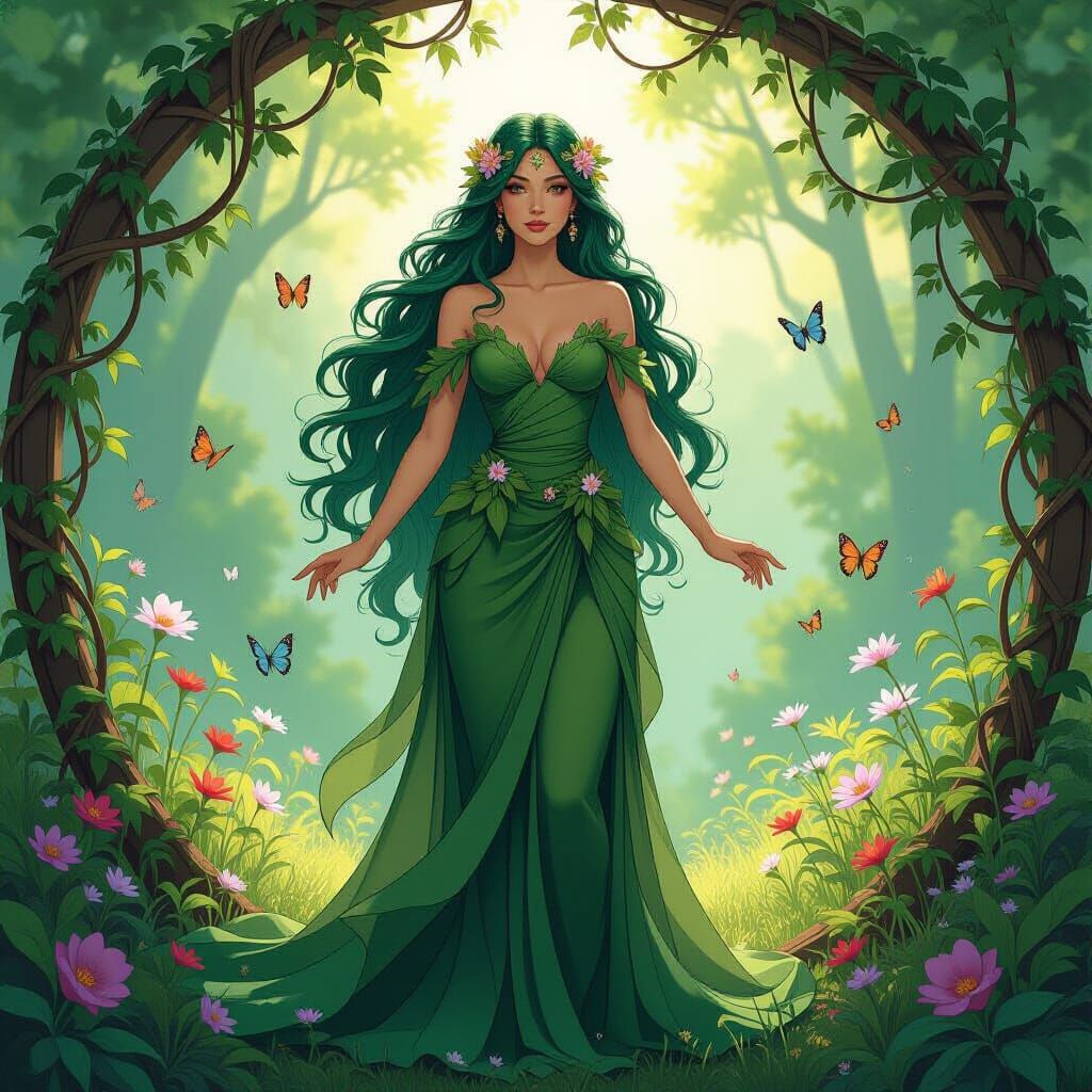Forest Goddess with Emerald Hair, Art Nouveau Style