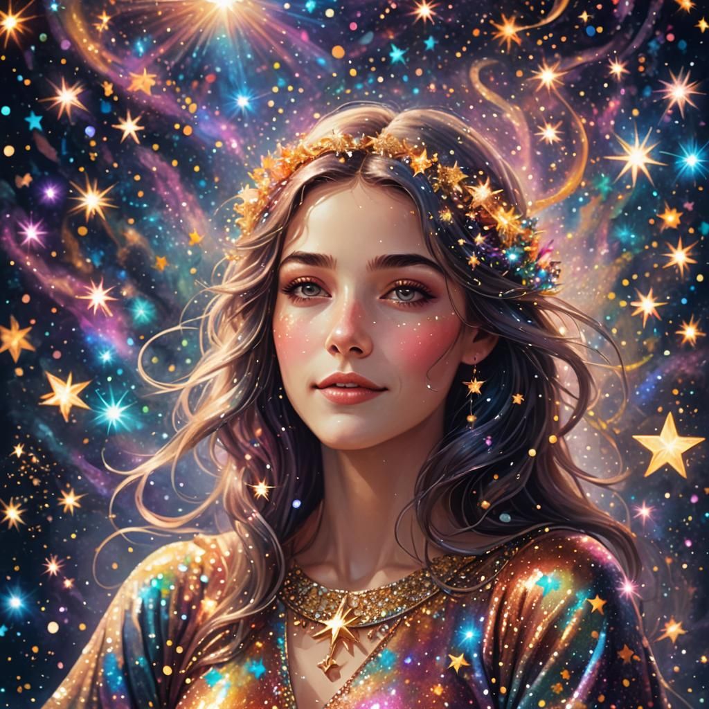 Ethereal Woman in Cosmic Psychedelic Starlight