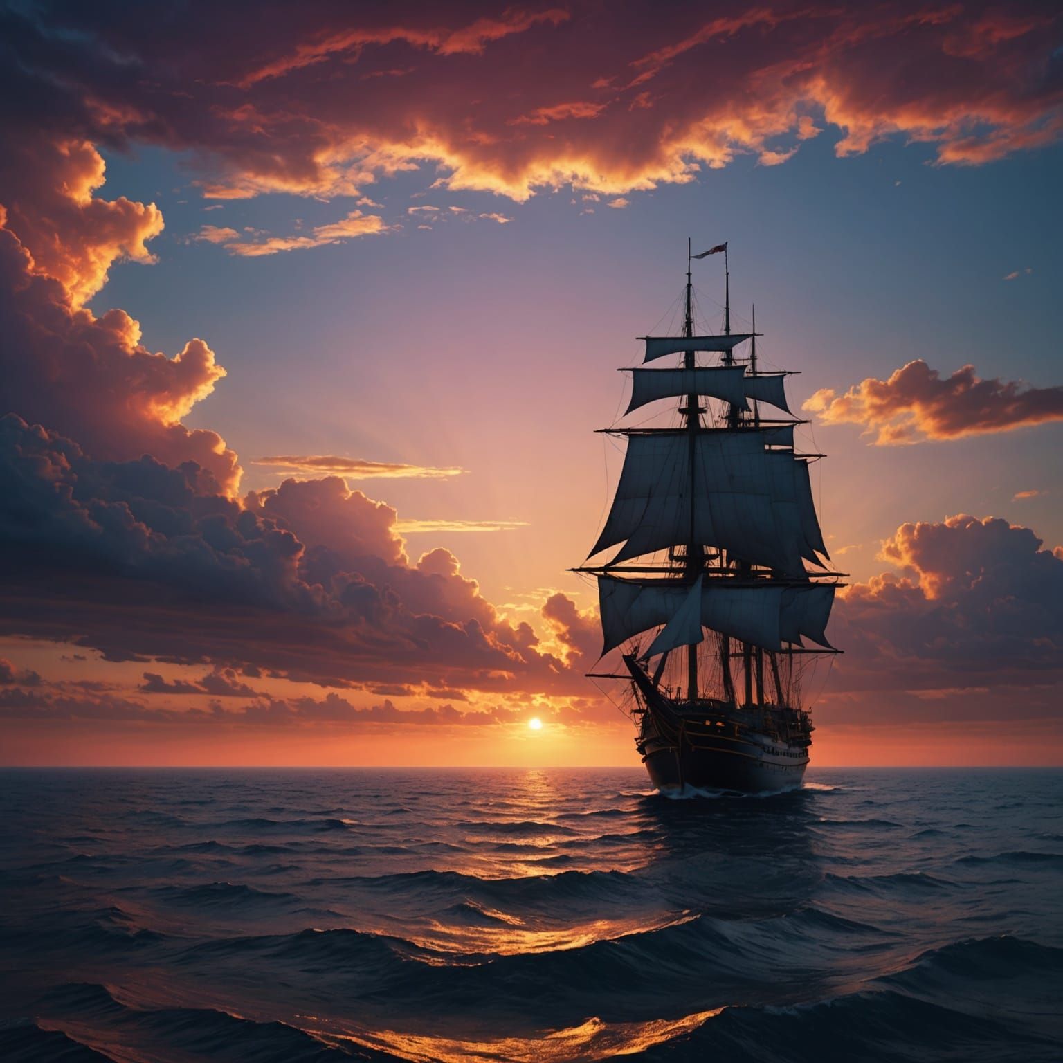Ship Sails into a Brilliant Sunset, Digital Painting